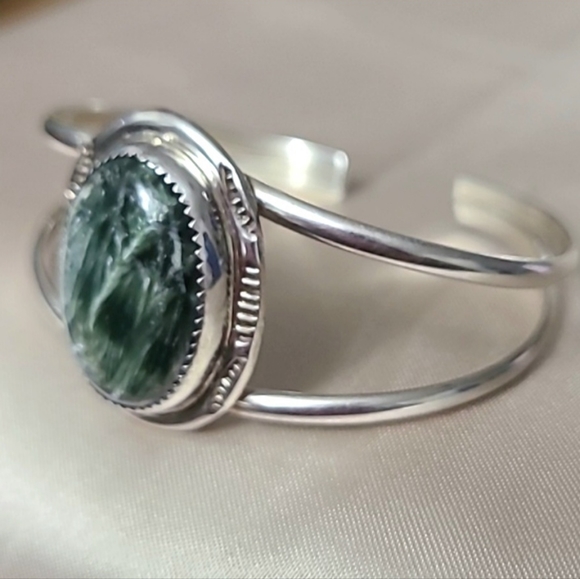 CALVIN TOM Navajo 925 Sterling Silver Cuff Rare Seraphinite 7" Vintage - Picture 3 of 6